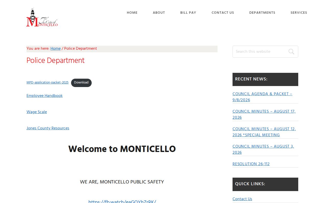 Official Monticello Police Department contact and service page